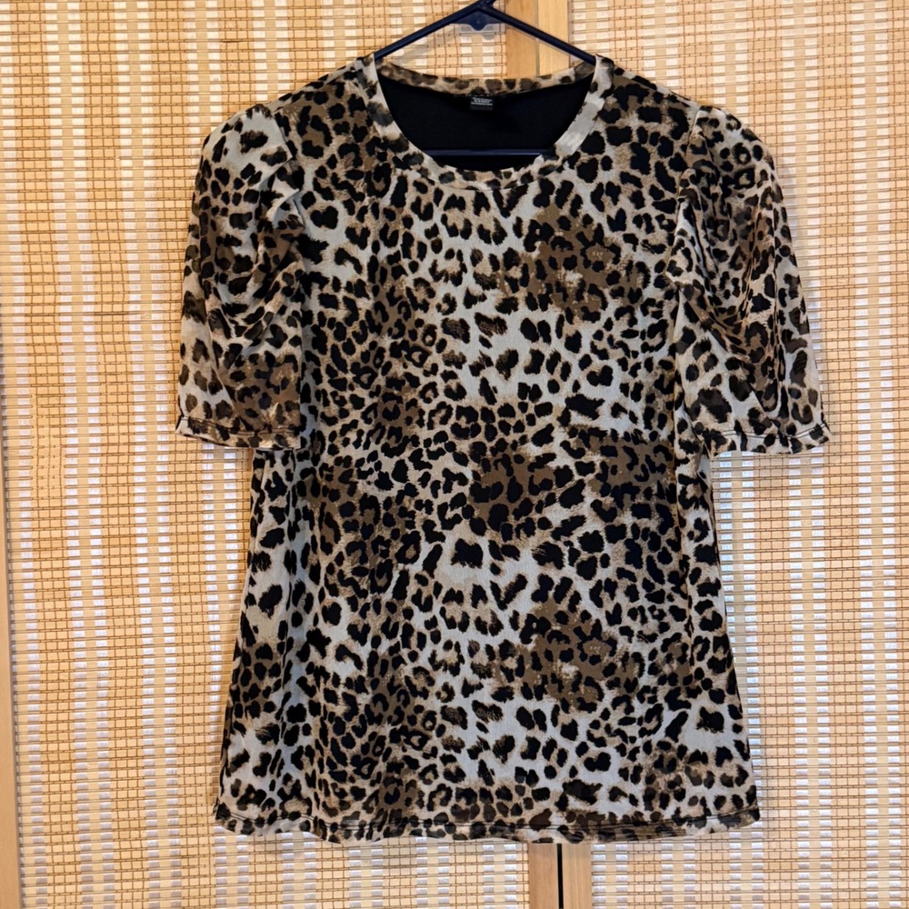 A...Love‎ Story Leopard Print Mesh Puff Sleeve Top Brown Black Size Large Boho